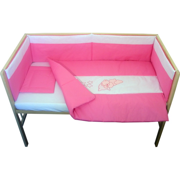 Lenjerie patut bebe cu 5 piese brodata roz, somn usor