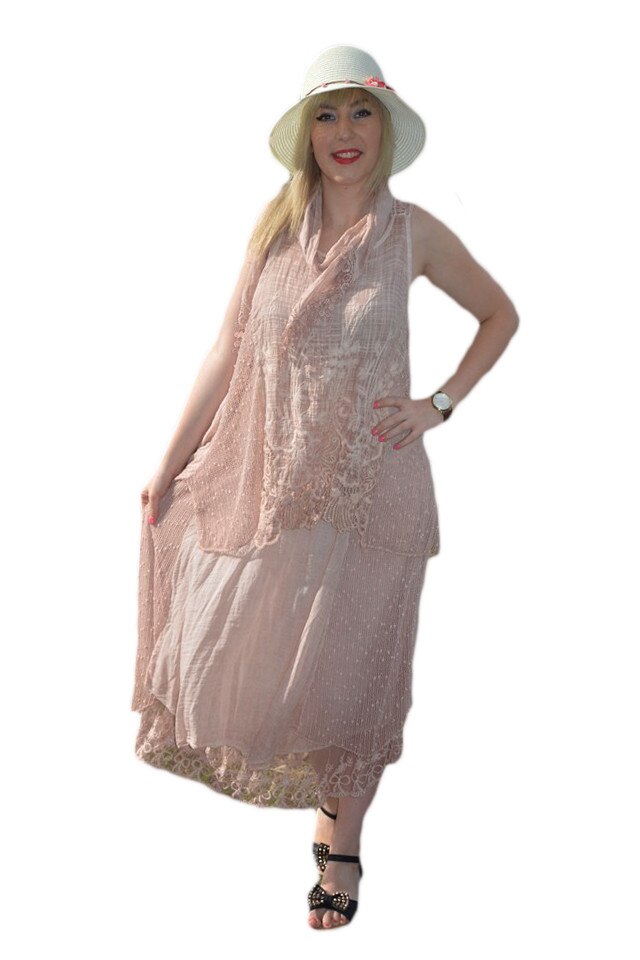 Rochie de dama cu broderie florala si dantela , D&J Exclusive, pudra
