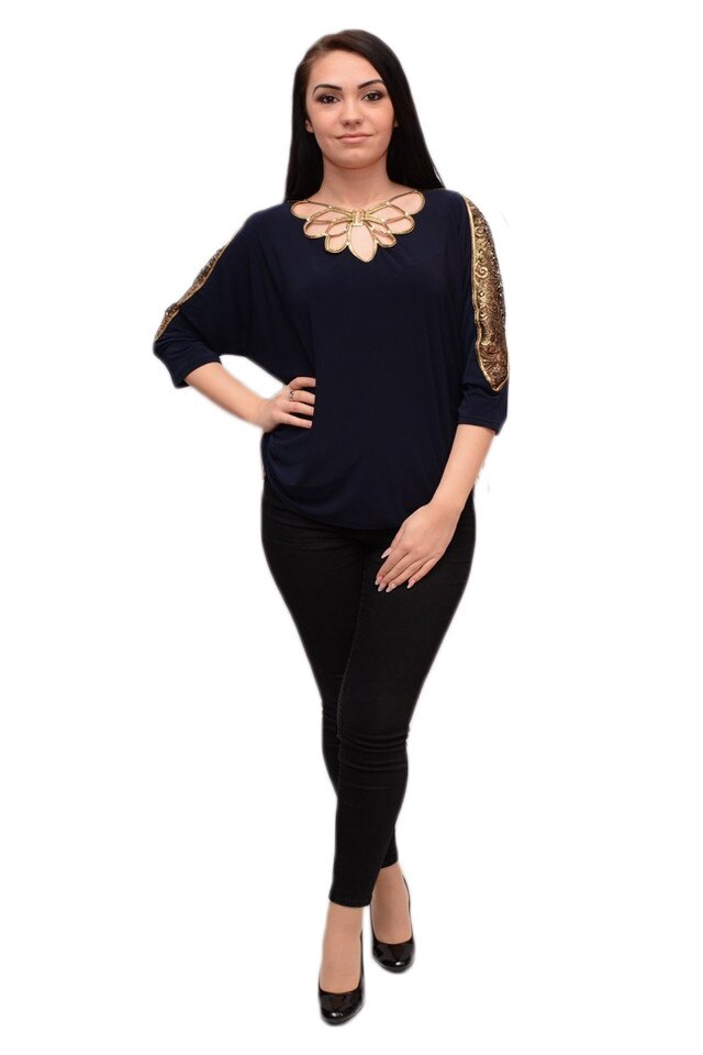 Bluza rafinata cu insertii de broderie si dantela,decolteu in V ,D&J Exclusive, Albastru marin