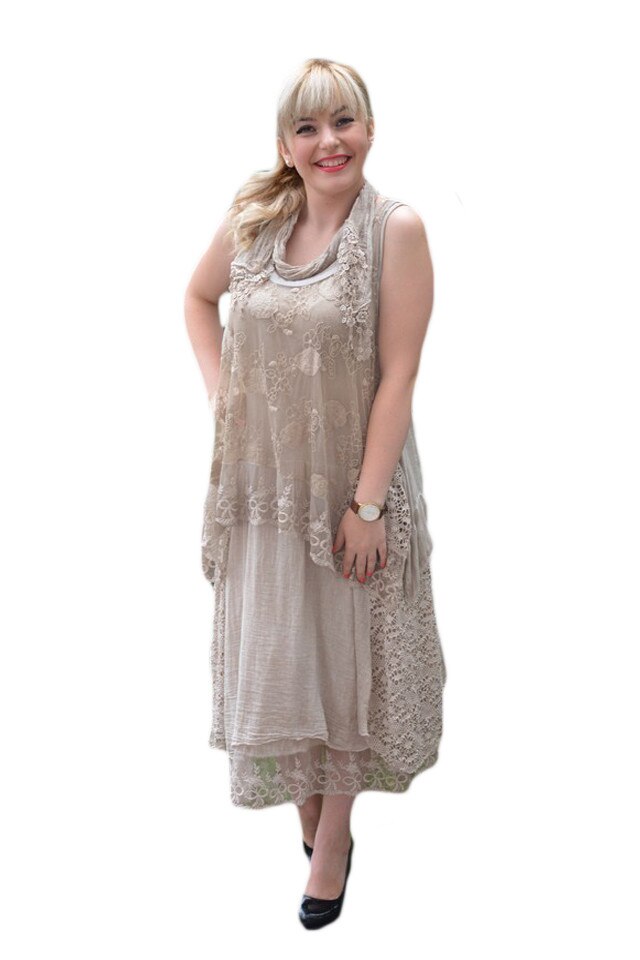 Rochie de dama cu broderie florala si dantela , D&J Exclusive, Maro