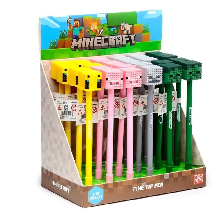 Химикалка Puckator Minecraft 733911 със силиконов топер, многоцветна, комплект 24 бр.