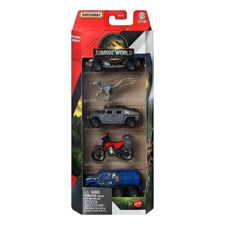 Комплект от 5 играчки Matchbox Mattel Jurassic World 763249, 4 превозни средства и 1 динозавър, Многоцветен