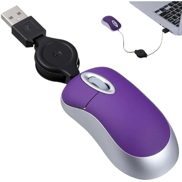 Мини USB прибираща се жична мишка, компютърна мишка, 1000 DPI, оптично проследяване, амбидекстър захват, 3-посочно скрол колело, преносима, за преносим компютър, настолен компютър, лаптоп, за дома и офиса