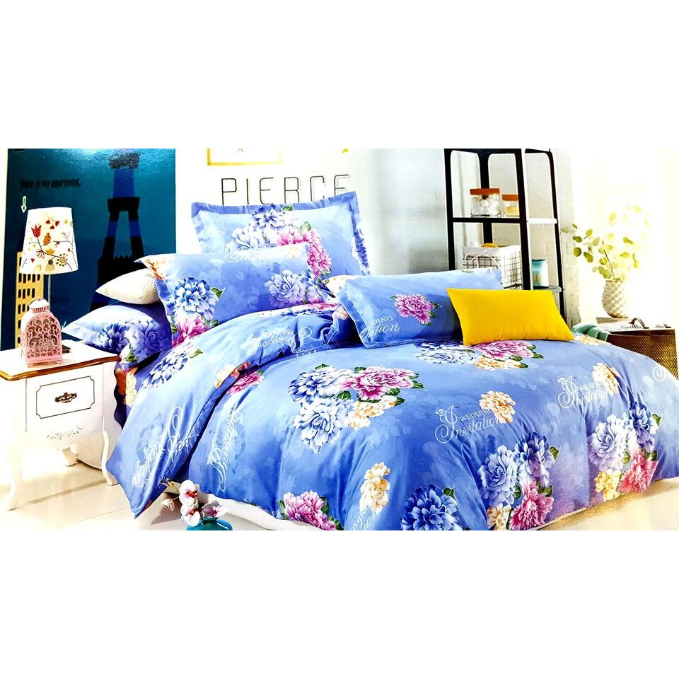 Lenjerie de pat, bumbac 100%, model albastru cu floricele galben si roz, calitate superioara, Family Design, lenjerie pentru pat 2 persoane, 4 piese, 230x250 /200x230/ 85x85, bumbac