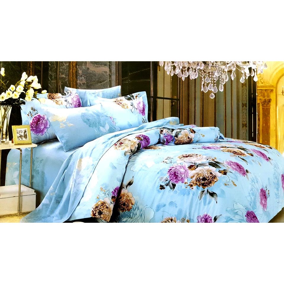 Lenjerie de pat, bumbac 100%,model bleu cu flori mov si galben, calitate superioara, Family Design, lenjerie pentru pat 2 persoane, 4 piese, 230x250 /200x230/ 85x85, bumbac