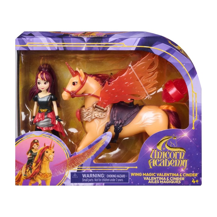 Комплект фигурки Unicorn Academy, кукла Валентина и еднорог Cinder, 4,5 инча, многоцветен