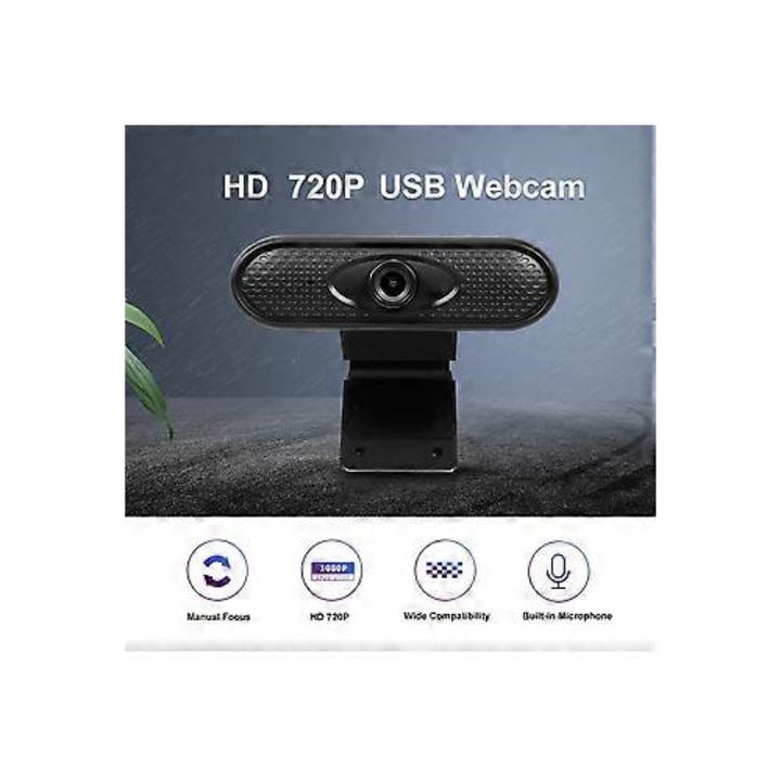Уеб камера USB FRU-CJK0424-260918-1177, HD 720P, всепосочен микрофон с намаляване на шума, 30 fps, CMOS сензор, стойка тип щипка и резба за статив, черна