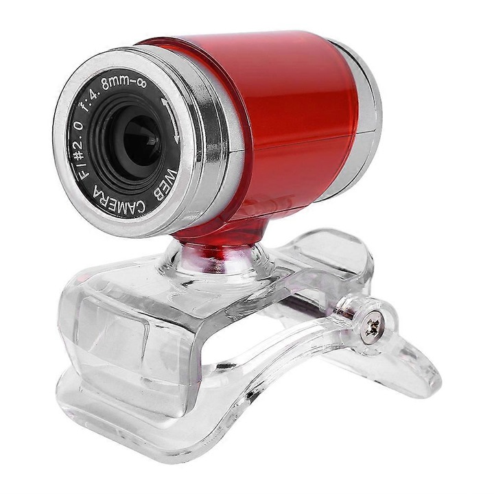 Уеб камера USB FRU-CJK0424-260918-1305, 0.3 MP (640×480), CMOS сензор, вграден микрофон, 30 fps, регулируем фокус 8 mm–∞, въртене на 360°, без драйвери, червен/сребрист