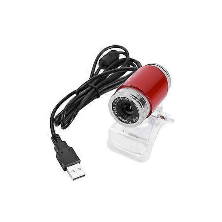 Уеб камера USB FRU-CJK0424-260918-1305, 0.3 MP (640×480), CMOS сензор, вграден микрофон, 30 fps, регулируем фокус 8 mm–∞, въртене на 360°, без драйвери, червен/сребрист