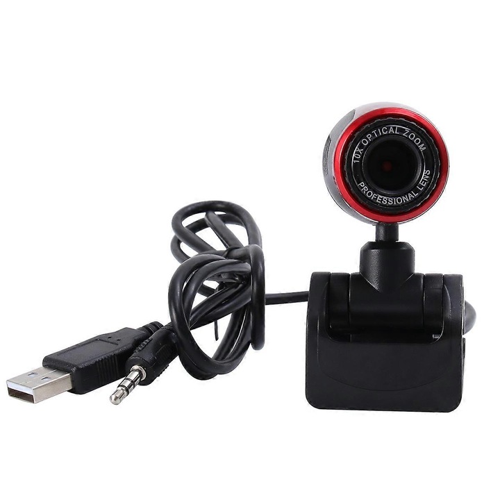Уеб камера за компютър FRU-CJK0424-260918-1363, CMOS сензор 1.3 MP, 30 FPS, USB 2.0, вграден микрофон, гъвкава шия, черно/червено