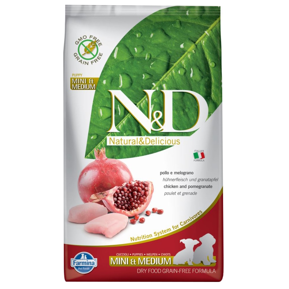 Hrana uscata pentru caini N&D, Puppy Mini & Medium, Grain Free, Pui si Rodie, 2.5 Kg