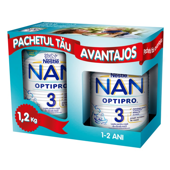 Pachet lapte praf Nestle NAN 3 Optipro, 800 g + 400 g, 1-2 ani