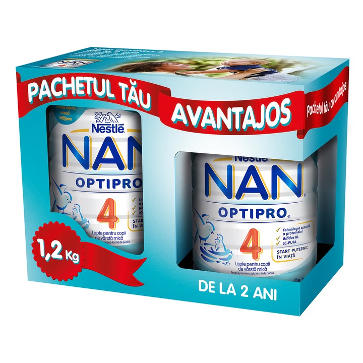 Pachet lapte praf Nestle NAN 4 Optipro, 800 g + 400 g, 2-3 ani