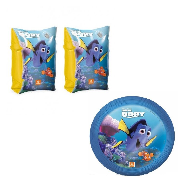 Set plaja: 2 perechi aripioare inot pentru copii Mondo, Finding Dory + cadou disc frisbee FInding Dory 23 cm