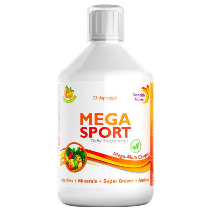 Mega Sport - Complex Lichid cu Aminoacizi 1500mg + Vitamine + Minerale + Verdeturi - 147 Ingrediente Active - 500 ml Portocale