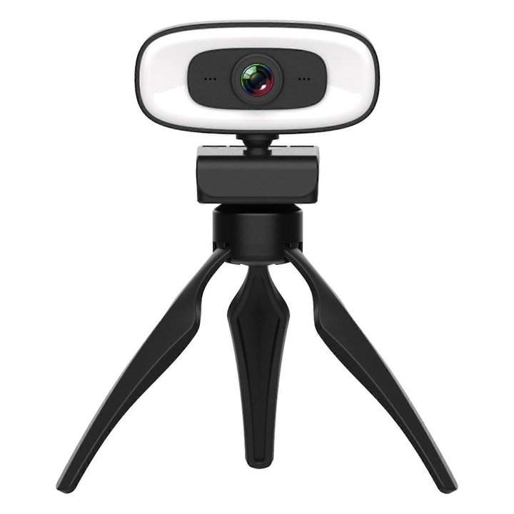 Уебкамера C10 FRU-CJK0424-260918-1208, 2K HD 2560x1440, широк ъгъл 100°, въртене 360°, допълнителна светлина 3 степени, микрофон с шумопотискане, USB 2.0, включен статив, черно/бяло