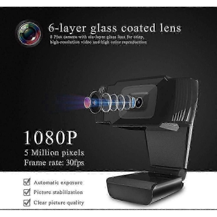 Уеб камера 1080p 5MP с автофокус и микрофон, USB 3.0 съвместима с USB2.0, 6-слойна леща, CMOS сензор 1/2.7, черна, FRU-CJK0424-260918-1493