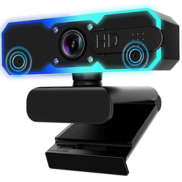 Уеб камера FRU-CJK0424-260918-1489 1080p 60FPS с регулируема RGB светлина, автофокус, микрофон с намаляване на шума, капак за поверителност, USB, черна