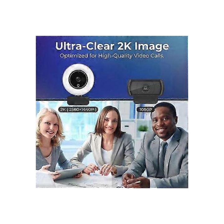 Уеб камера USB 2K FRU-CJK0424-260919-059, автофокус, регулируем LED пръстен (2 режима, 3 нива), микрофон с намаляване на шума, капак за поверителност, монтаж на монитор/трипод, черна