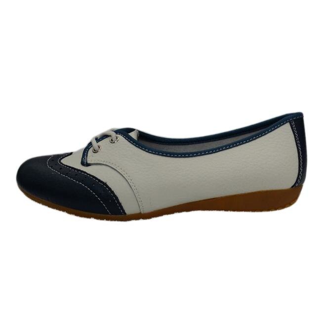 Balerini din piele cu siret, D&J Exclusive, Alb/Bleumarin