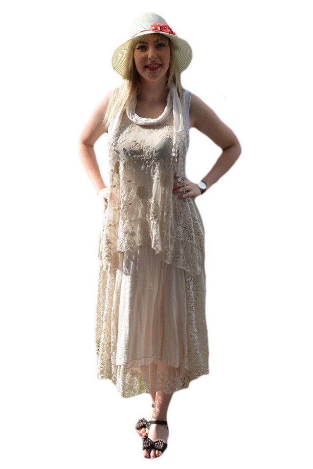 Rochie de dama cu broderie florala si dantela , D&J Exclusive, Bej