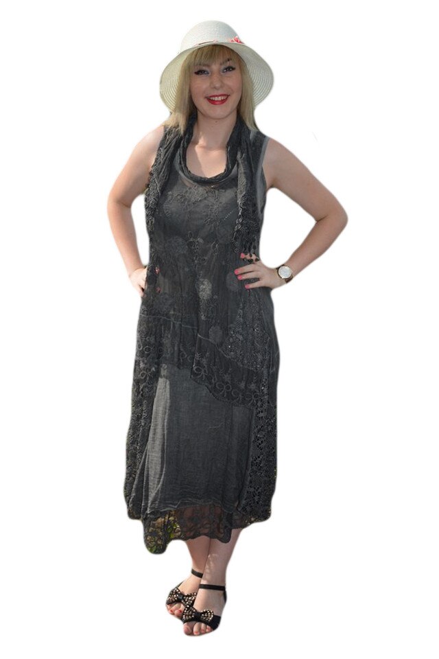 Rochie de dama cu broderie florala si dantela , D&J Exclusive, Gri inchis