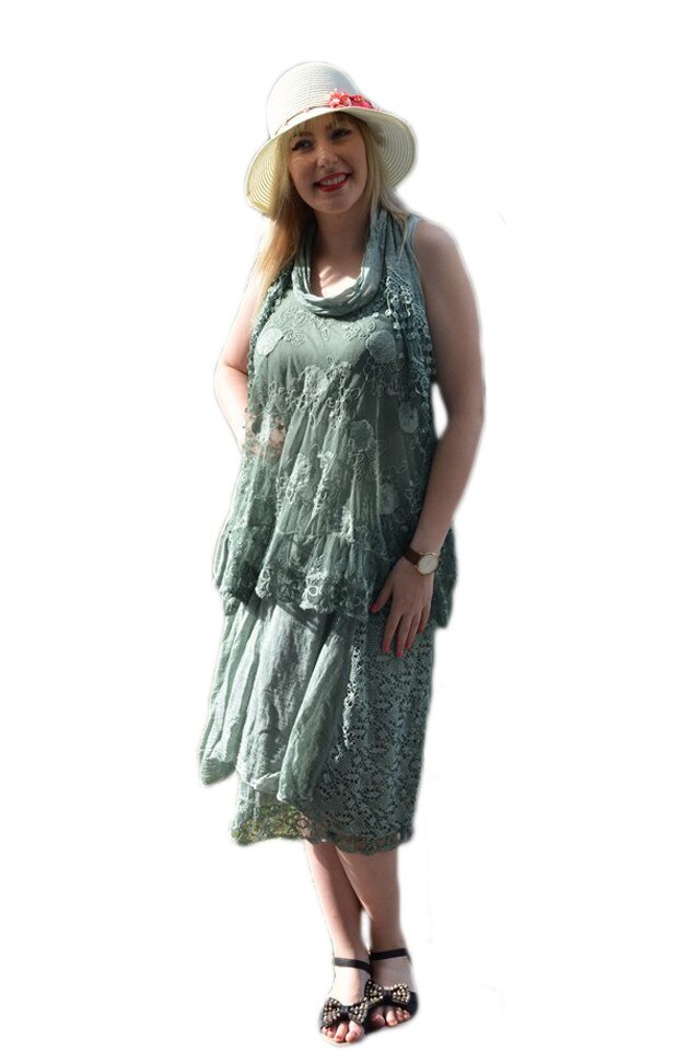 Rochie de dama cu broderie florala si dantela , D&J Exclusive, Verde