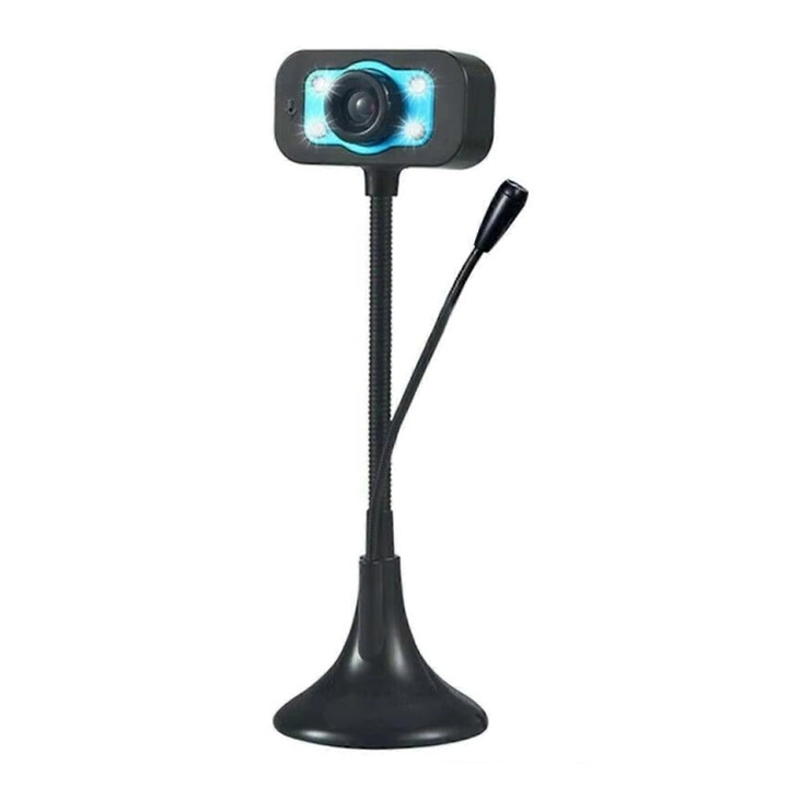 Уеб камера USB FRU-CJK0424-260918-081, с микрофон с шумопотискане, LED светлини, гъвкава въртяща се на 360° стойка, черна