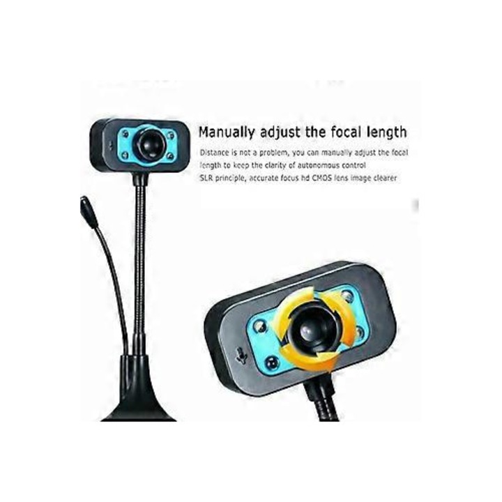 Уеб камера USB FRU-CJK0424-260918-081, с микрофон с шумопотискане, LED светлини, гъвкава въртяща се на 360° стойка, черна