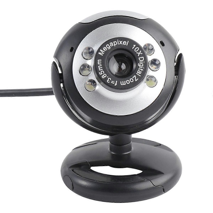 Уеб камера FRU-CJK0424-260918-236, вграден микрофон, 6 LED, съвместима с USB 1.1/2.0, динамична резолюция 1600×1200 (статична до 3648×2736), щипка за монитор, plug-and-play, черна, 7.6×5.4×5.7 cm