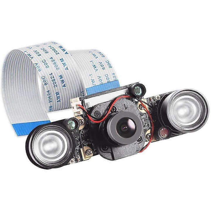 Камера за Raspberry Pi FRU-CJK0424-260918-302, модул 5MP OV5647 IR-CUT, нощно виждане с 2x IR LED, 1080p30/720p60, 3.6 мм обектив, FOV 72°, 15 см FFC кабел, черна
