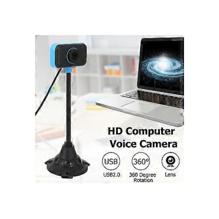 Уеб камера FRU-CJK0424-260918-426 0.3MP (640x480), 30 FPS, USB 2.0, CMOS сензор, вграден микрофон, гъвкава тръба, plug-and-play, синя, 7.5x7.5x22 см