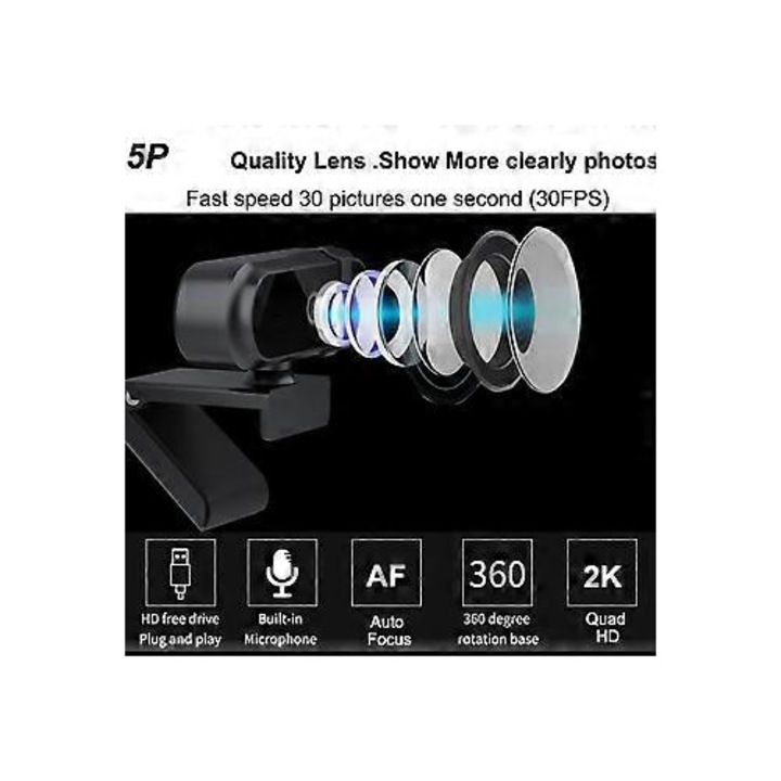 Уебкамера L12 FRU-CJK0424-260918-540, 2K (Quad HD) автофокус 30 fps, вграден микрофон, USB 2.0 plug-and-play, зрителен ъгъл 60–70°, черна