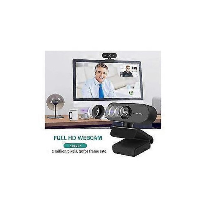 Уеб камера FRU-CJK0424-260919-818, Full HD 1080p 30fps, микрофон с намаляване на шума, plug-and-play USB, капак за поверителност, мини статив и щипка, черна