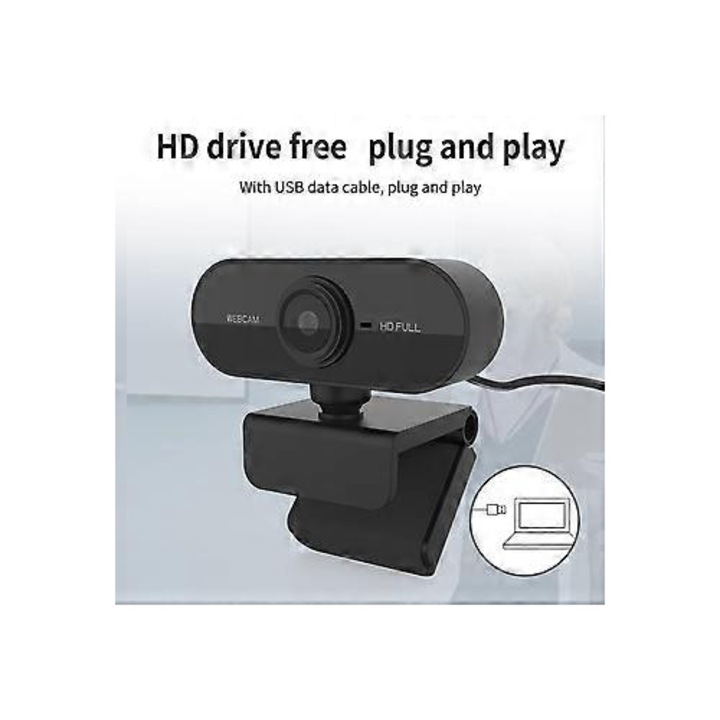 Уеб камера USB 1080P FRU-CJK0424-260918-517, с вграден микрофон и намаляване на шума, 30 fps, plug-and-play, щипка за монитор/трипод, черна