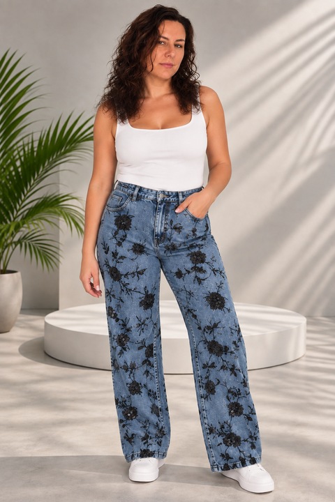 Дамски панталони AJ от деним с флорална бродерия и пайети, OneSize подходящ за S/M/L