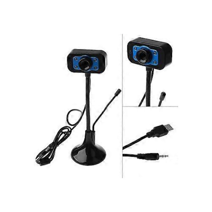 Уеб камера USB FRU-CJK0424-260918-1168, с вграден микрофон и жак вход, нощно осветление, регулируема стойка на 360°, черна, 7.4x4x24 см