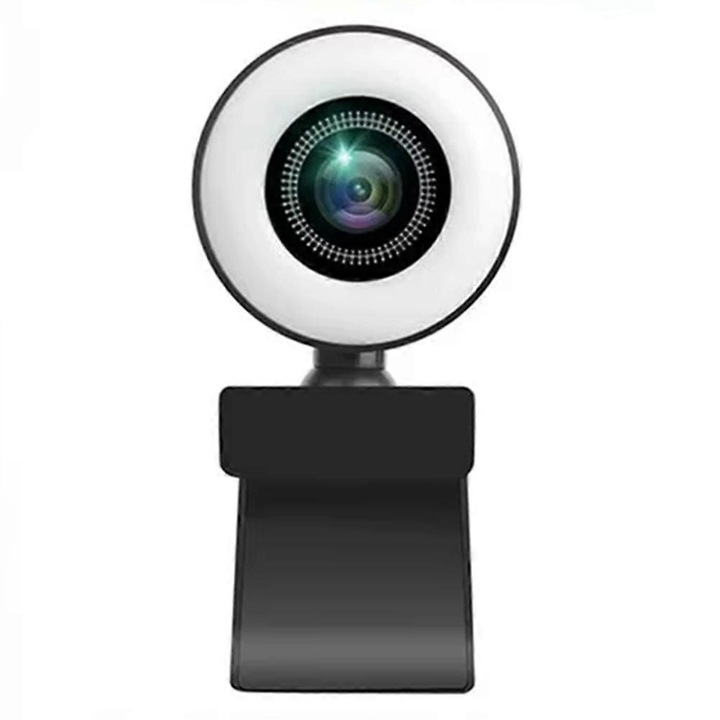 Уеб камера FRU-CJK0424-260918-1146, 1080P Full HD 8MP, автофокус, регулируемо осветление (пръстен), вграден микрофон с намаляване на шума, съвместима с PC/лаптоп, черно/бяло