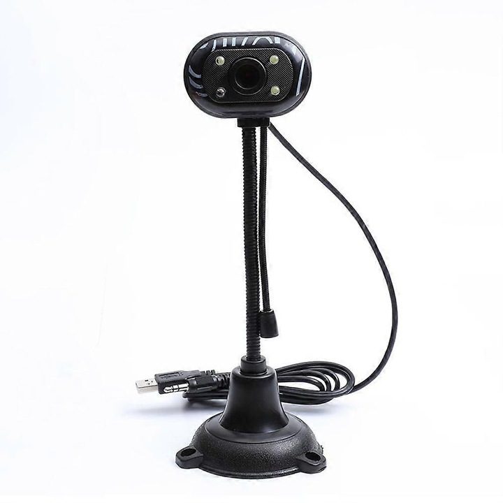 Уеб камера USB 2.0 FRU-CJK0424-260918-1174, нощно виждане, 4 LED, всепосочен микрофон, гъвкаво рамо 360° 23 см, черна