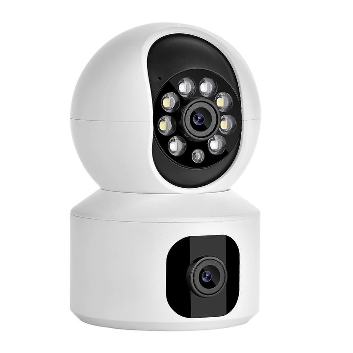 Двойна PTZ камера 2MP FRU-CJK0424-260918-1270, интелигентен облак, H.265X компресия, Wi-Fi 2.4G, ONVIF, проследяване на хора, цветно нощно виждане Starlight/IR, 355° хоризонтално/90° вертикално, слот за microSD до 128GB, бял