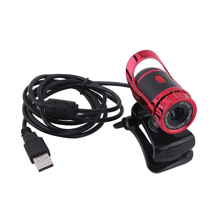 Уеб камера USB FRU-CJK0424-260918-1285, 0.3 MP (640x480) 30fps, вграден микрофон, въртяща се на 360° щипка и накланяне на 30°, регулируем фокус, кабел 1.4 м, червена
