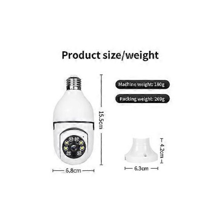 Камера крушка Wi‑Fi FRU-CJK0424-260919-1088, Full HD 1080p, панорамно накланяне 360°, 2.4GHz, нощно виждане, детекция на движение, двупосочно аудио, слот за microSD + облачно съхранение, цокъл E27, бял