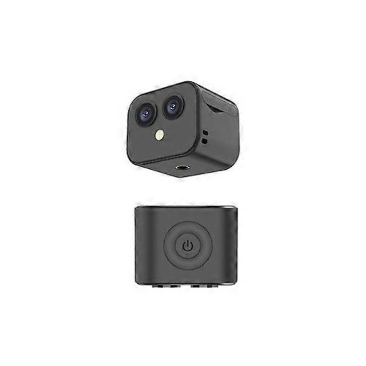 Мини камера D3 FRU-CJK0424-260918-1273, двойна леща 16MP+16MP 170° широк ъгъл, 4K (интерполиран), Wi‑Fi, вградена батерия, поддръжка на microSD 128GB, черна, 3.7 x 4.5 x 3.4 см