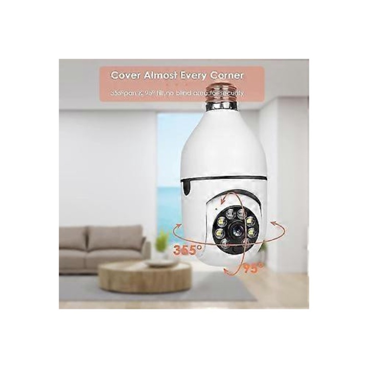 Комплект от 2 Wi-Fi крушки с камера FRU-CJK0424-260918-1441, 1080p, 360° изглед (PTZ), двубандов 2.4/5GHz, цокъл E27, нощно виждане, детекция на движение, бял, 2 x 1 бр.