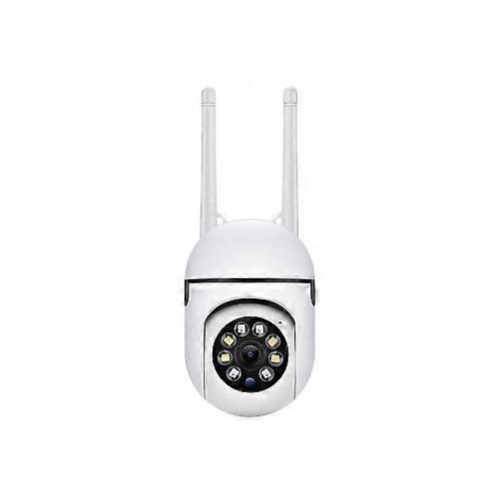 Wi-Fi камера за наблюдение A7 FRU-CJK0424-260918-1508, PTZ въртене 355°/65°, двупосочно аудио, черно-бяло нощно виждане 10 м, слот за TF карта, 2.4 GHz, USB захранване, бяла