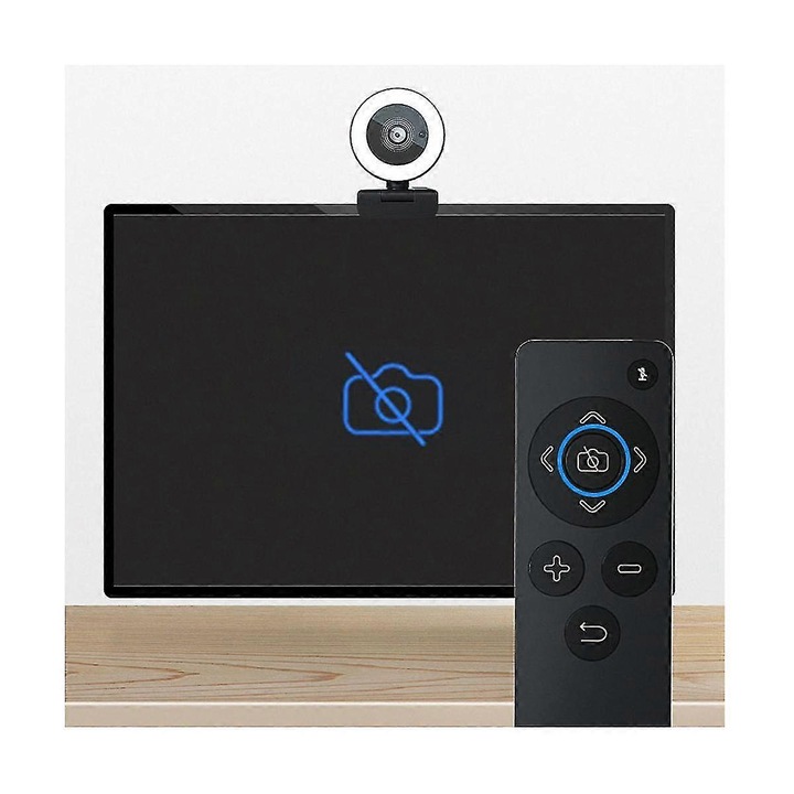 Уеб камера USB FRU-CJK0424-260918-1265, 2K 2560x1440, автофокус, регулируема кръгова светлина 3 температури и тъч димер, двоен стерео микрофон, магнитна защита за поверителност с дистанционно управление, ъгъл 89°, черна