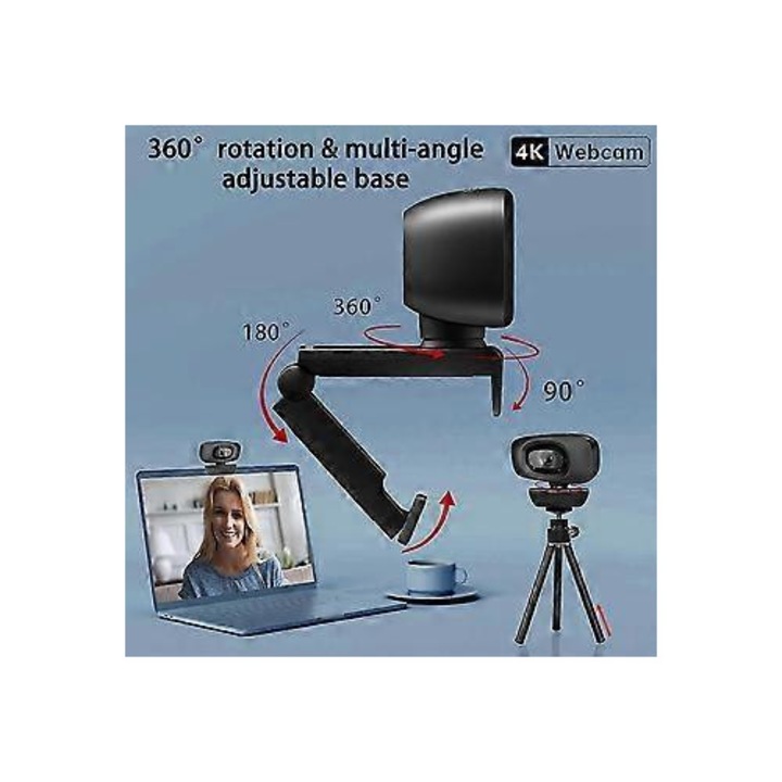 Уеб камера USB FRU-CJK0424-260919-017, 4K (8MP/30fps), автофокус и корекция при слаба светлина, 120° обектив, вграден микрофон, плъзгащ се капак за поверителност, включен статив, черна, съвместима с Windows/macOS/Linux