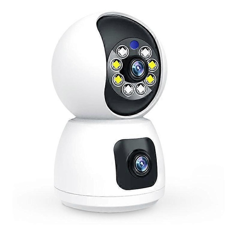 Безжична камера за наблюдение P100 FRU-CJK0424-260918-1506, двойна (dual-lens), Wi-Fi 2.4GHz, въртене 320° хоризонтално/55° вертикално, нощно виждане 10 м, двупосочно аудио, слот за microSD до 32GB, бял/черен