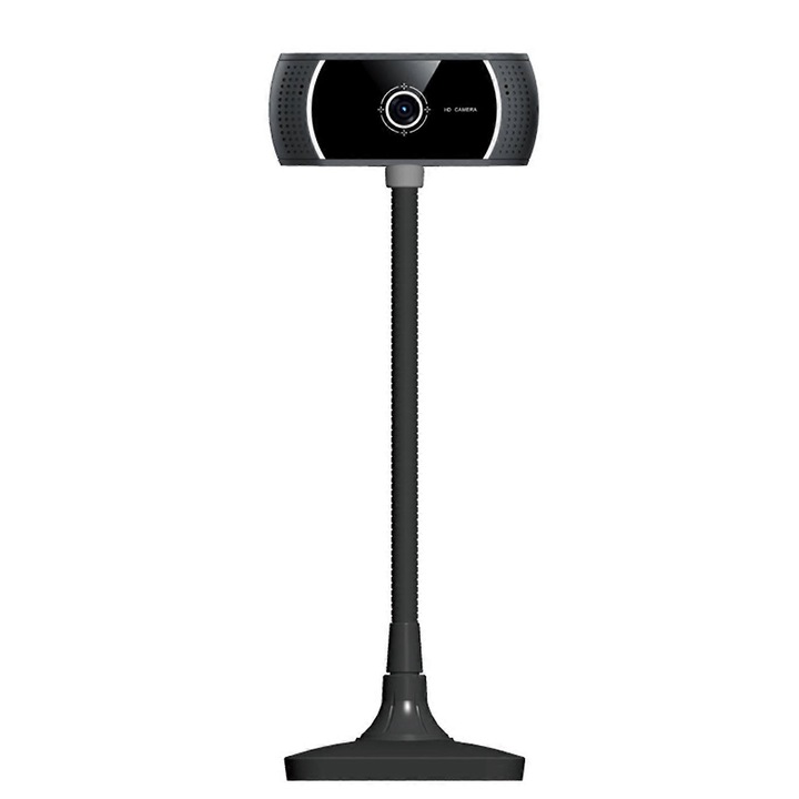 Уебкамера USB FRU-CJK0424-260919-941, 720p HD, автофокус, всепосочен микрофон с шумопотискане, въртяща се основа на 360°, USB 2.0, черна
