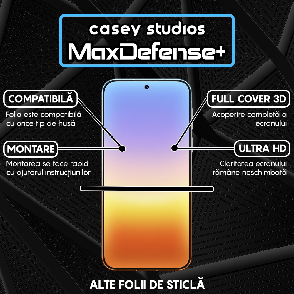Folie Sticla CASEY STUDIOS™ compatibila cu Huawei Pura 90 Pro Max, Full Cover 3D, Full Glue, Duritate Militara, Ultra HD, Anti Zgarieturi, Anti Amprente, Anti Socuri, Sticla Securizata, Protectie Profesionala Ecran, MaxDefense+, Margini Negre